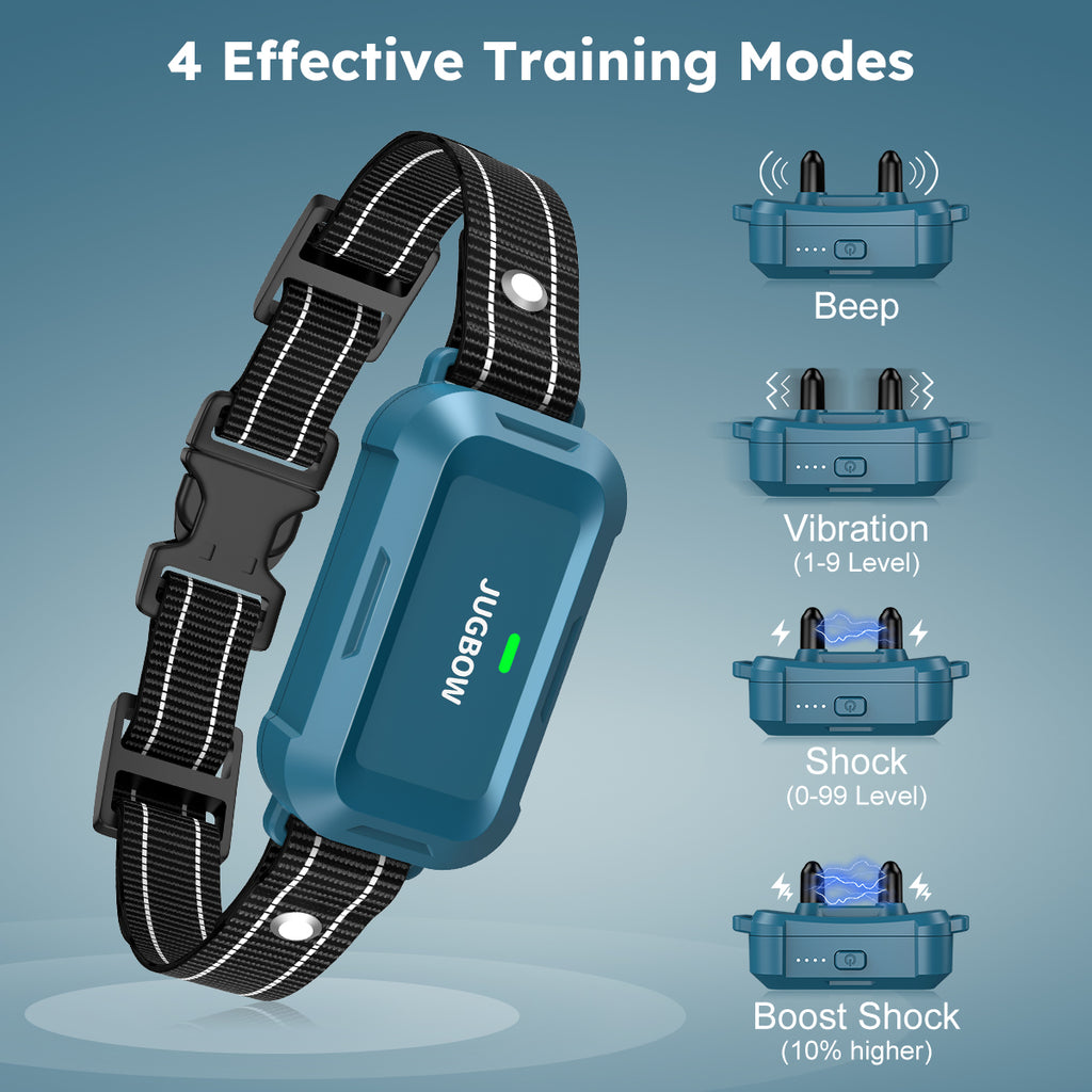 Our dog shock collar features 4 humane training modes: beep(standard), vibration(1-9 levels), safe shock(1-99 levels) and Shock Boost(10% higher). Enables you to set the right stimulation levels for your pet, which is helpful in deterring dogs from undesirable habits.