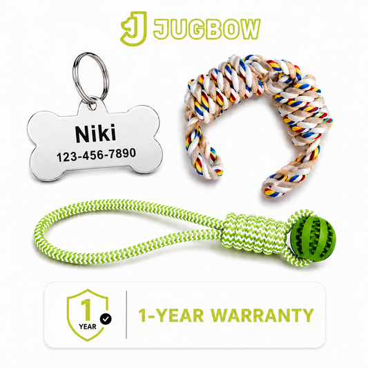 Jugbow Care Bundle: Includes 1-Year Warranty Protection, 2 Dog Toys, and 1 Personalized Dog Tag