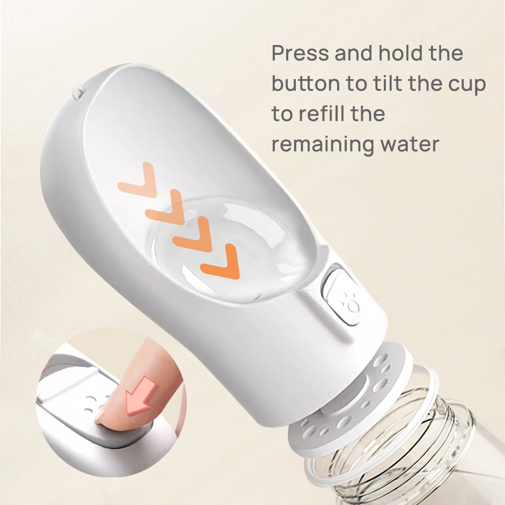 JUGBOW Dog Water Bottle: Press and hold the button to tilt the cup to refill the remaining water
